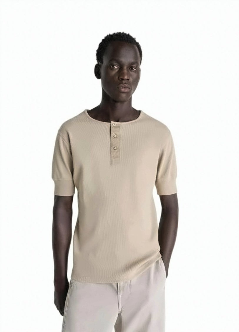 Lemaire Ribbed Beige Short-Sleeved Knit Top With Buttoned Placket