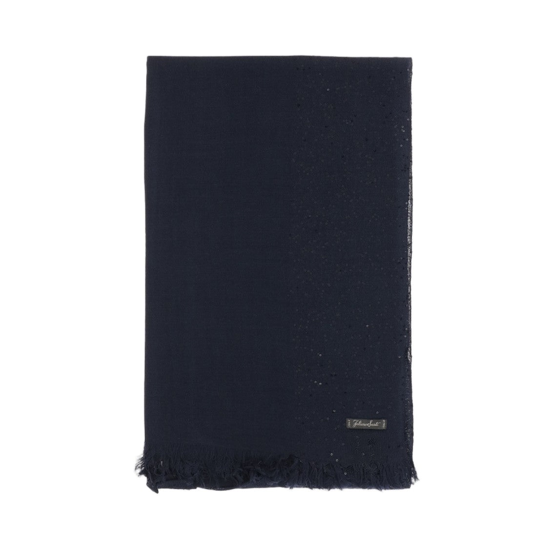 Faliero Sarti Rectangular Navy Scarf With Sequin Detailing And Fringed Edges