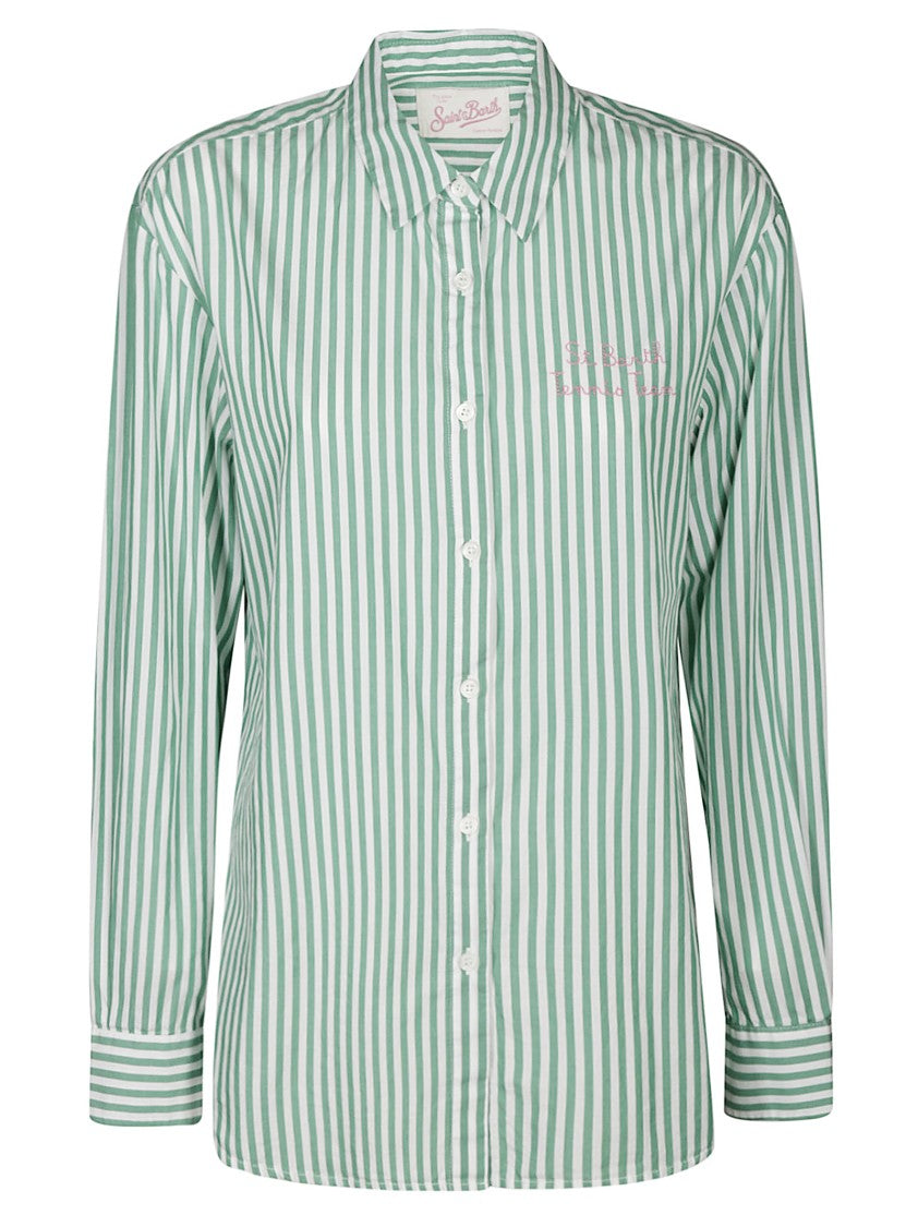 Mc2 Saint Barth Aqua Green Striped Shirt With Embroidered Details