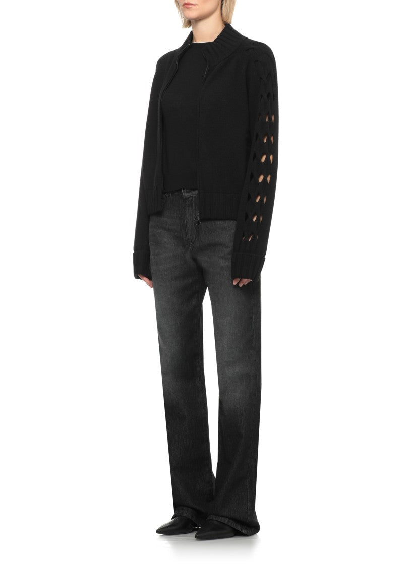 D. Exterior Black High Neck Cut-Out Wool-Cashmere Cardigan