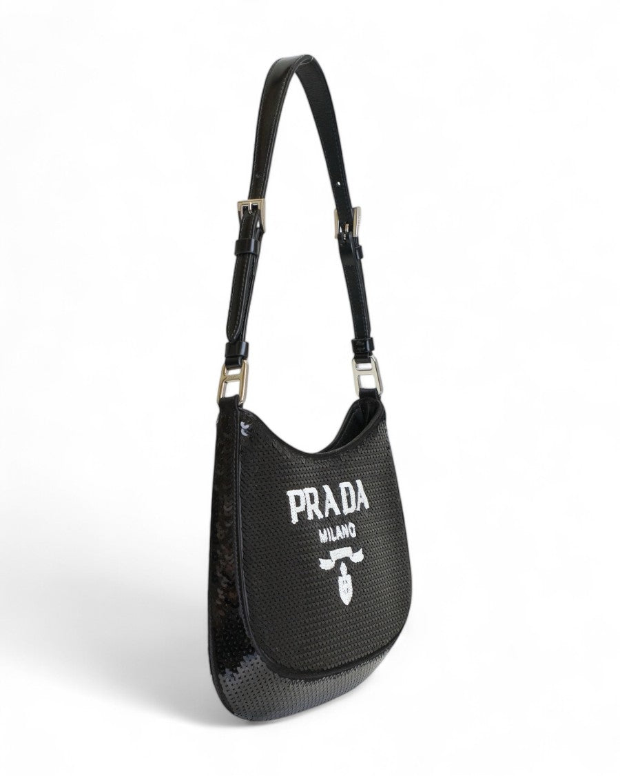 Prada Small Shoulder Bag With Paillettes And Leather Accents