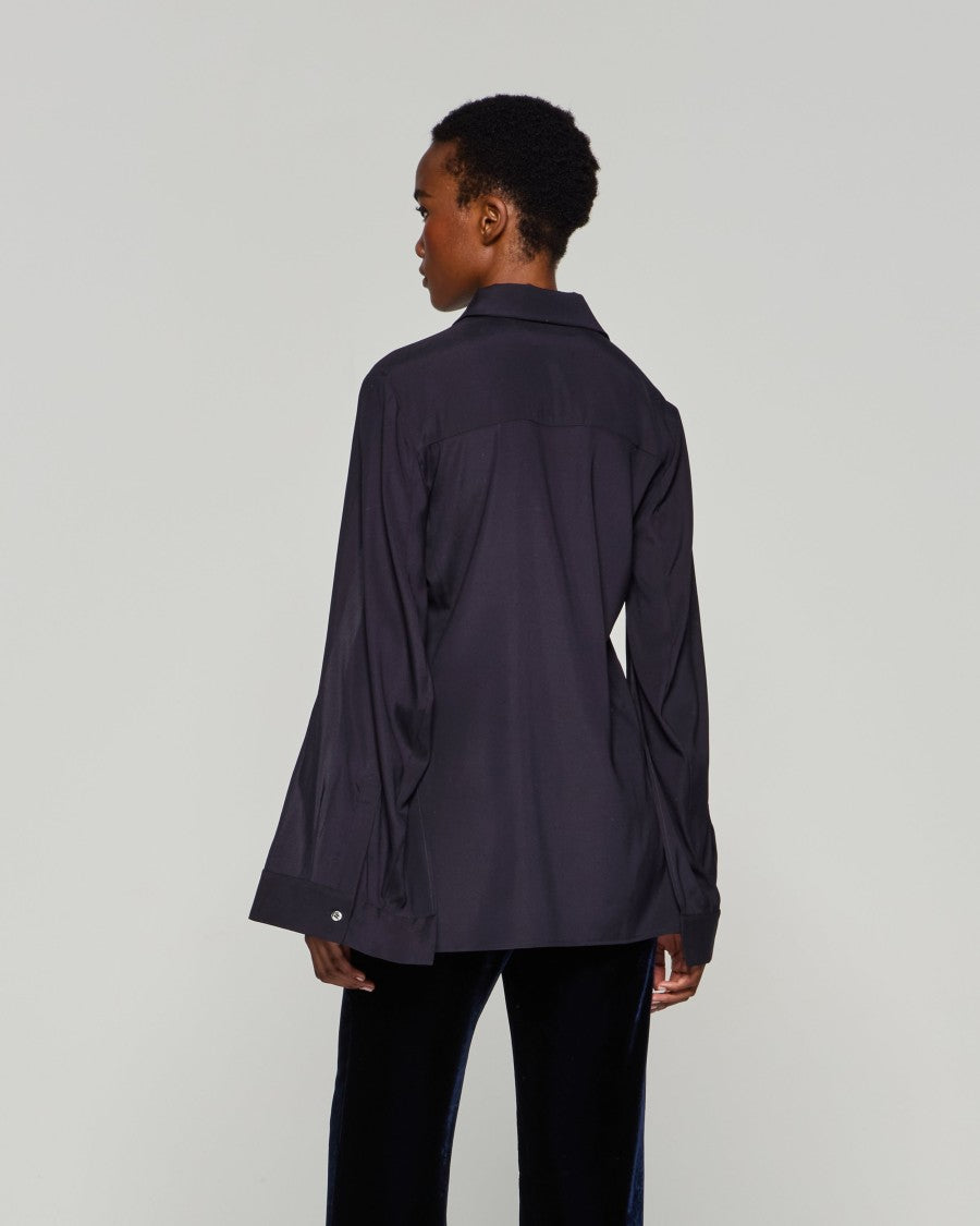 Serena Bute Silk Cape Sleeve Shirt - Midnight Navy