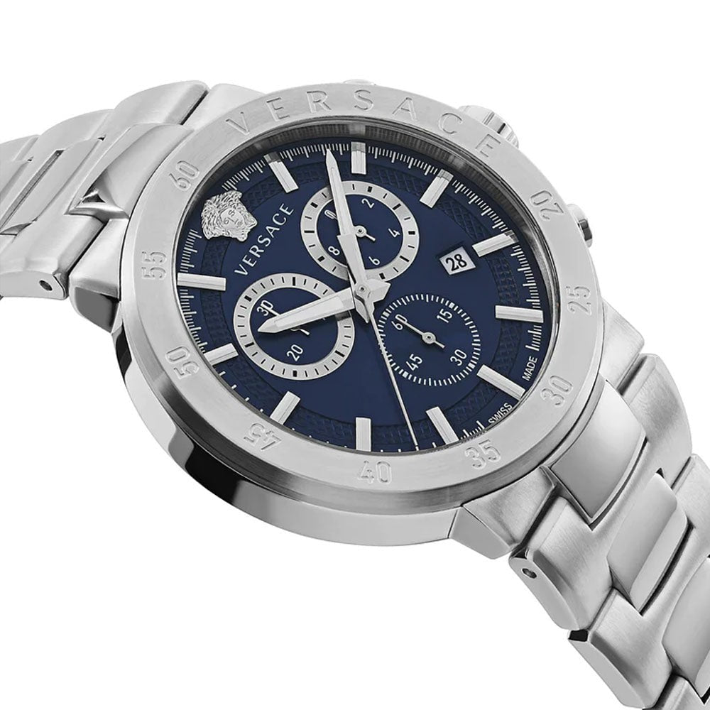 Versace Chronograph Watch With Polished Stainless Steel And Deep Blue Dial