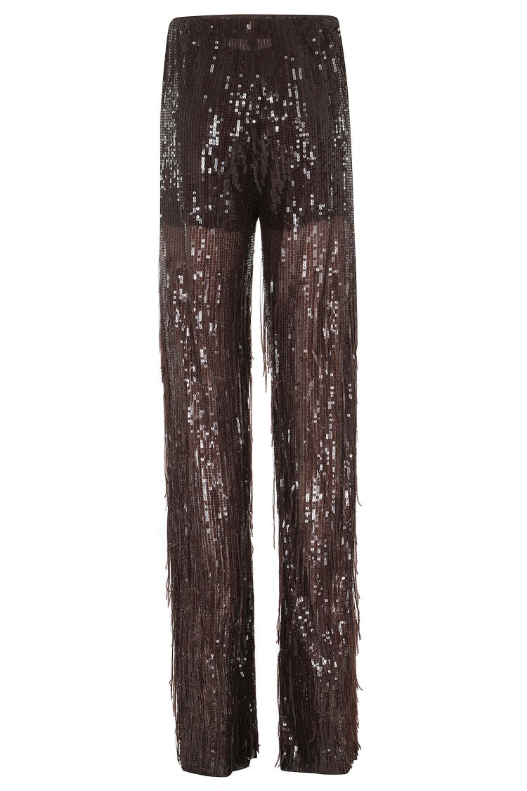 Federica Tosi Brown Sequin Fringe Elastic Waist Straight-Leg Pants