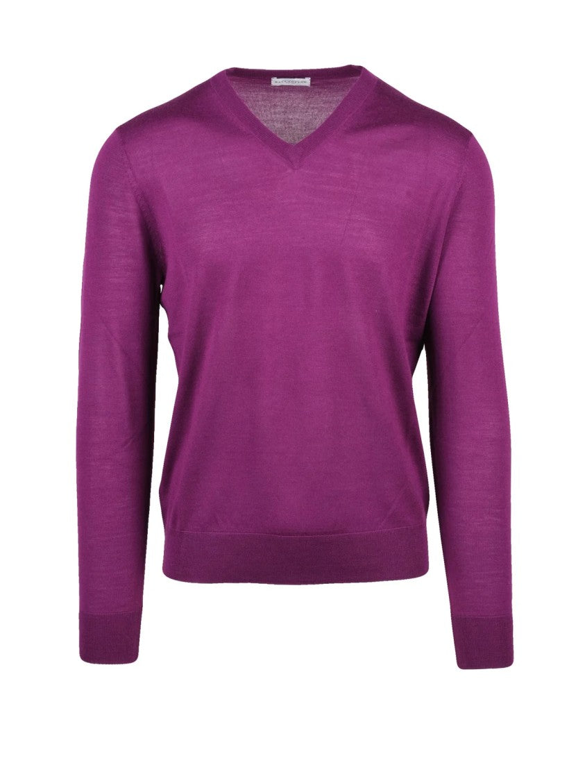 Ballantyne V-Neck Pullover In Rich Red Wool With Minimalist Design