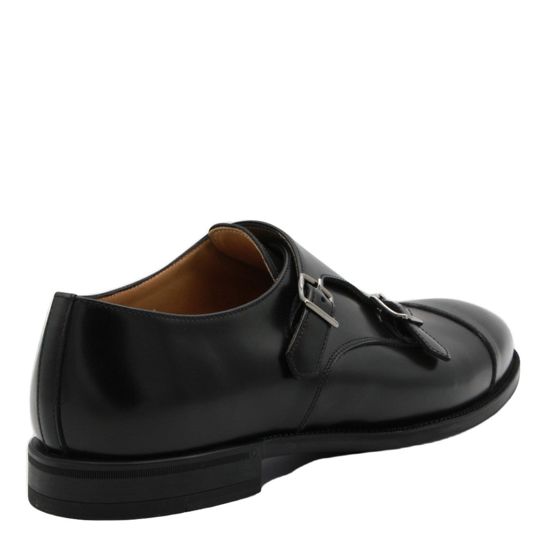 Mille885 Double Monk Strap Black Leather Flat Shoes