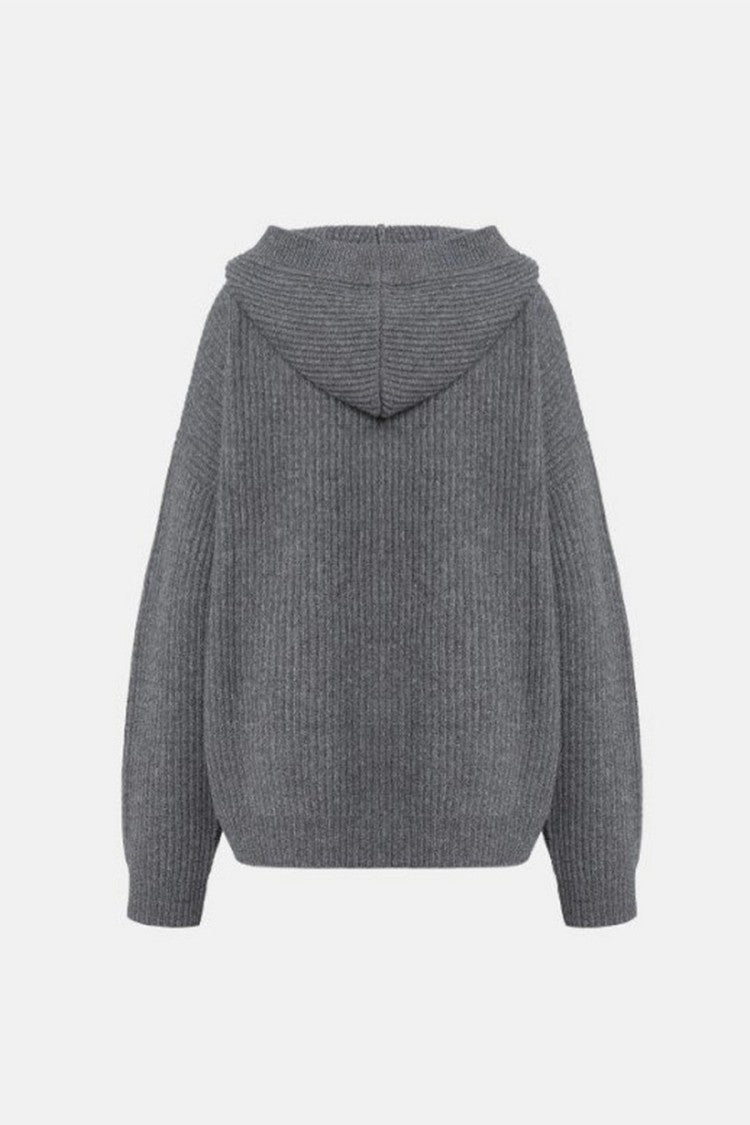 Dondup Grey Chunky Ribbed Hooded Wool Cardigan