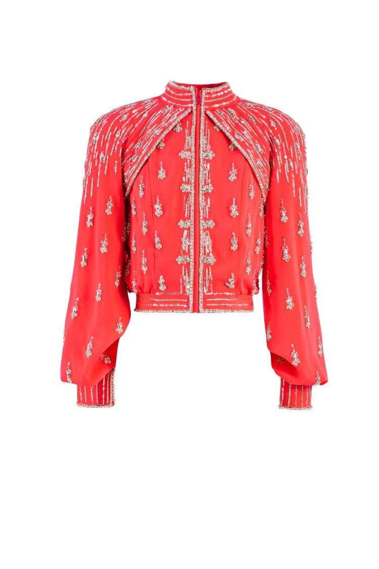 Saiid Kobeisy Embellished Coral Bomber Jacket