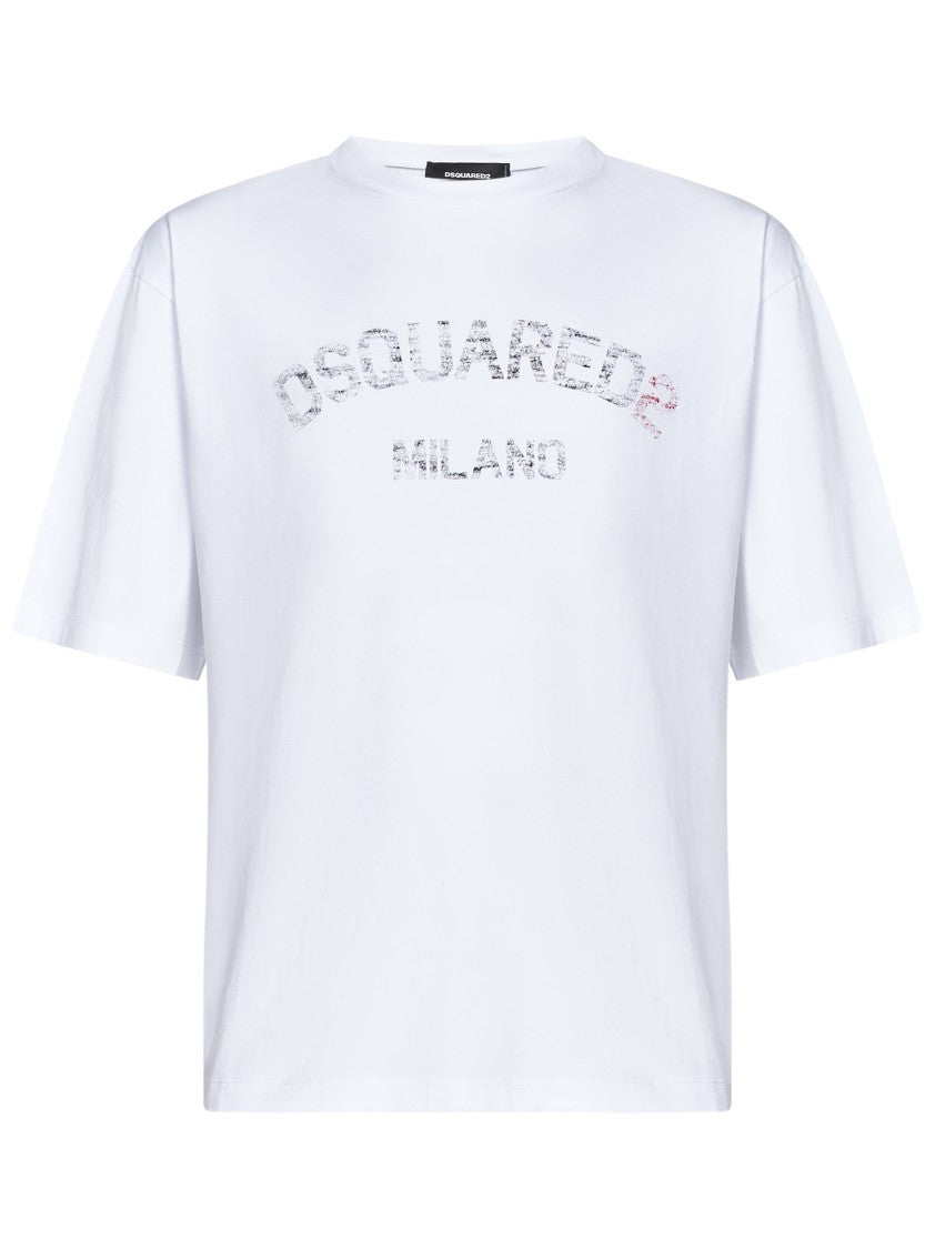 Dsquared2 Loose Fit White Cotton Jersey T-Shirt With Vintage-Effect Logo