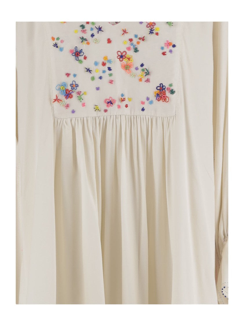 Pero Silk Dress With Embroidered Floral Accents And Flared Hem