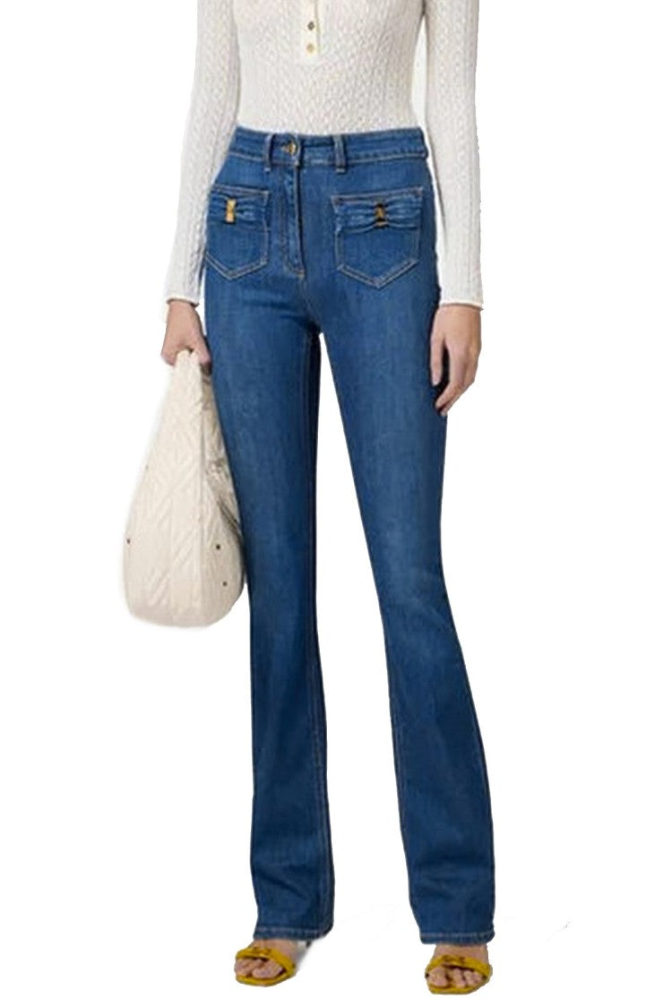 Elisabetta Franchi Blue Flap Pocket Gold Button Cotton-Blend Flared Pants