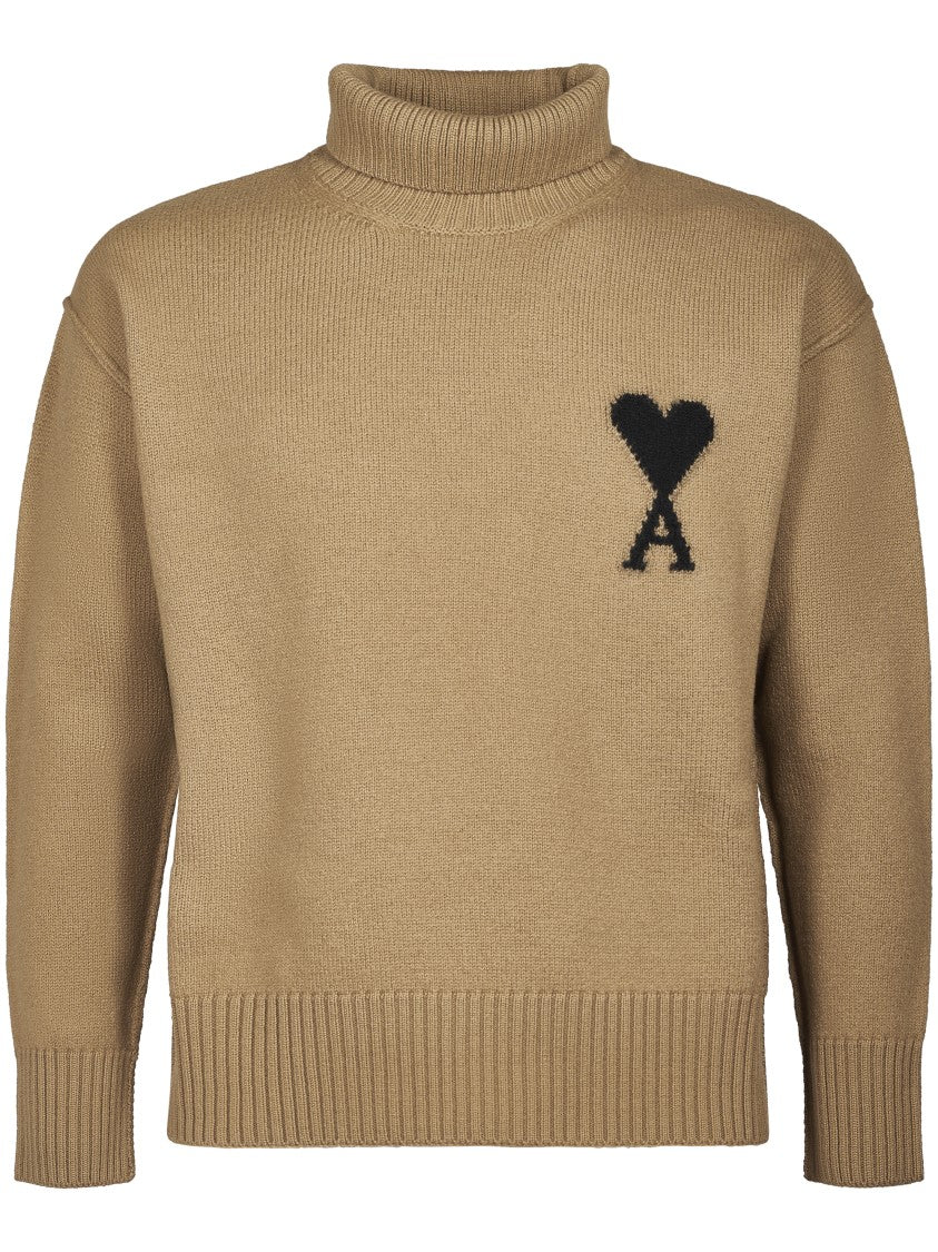 Ami Relaxed High Neck Sweater With Ribbed Detailing And Emblem