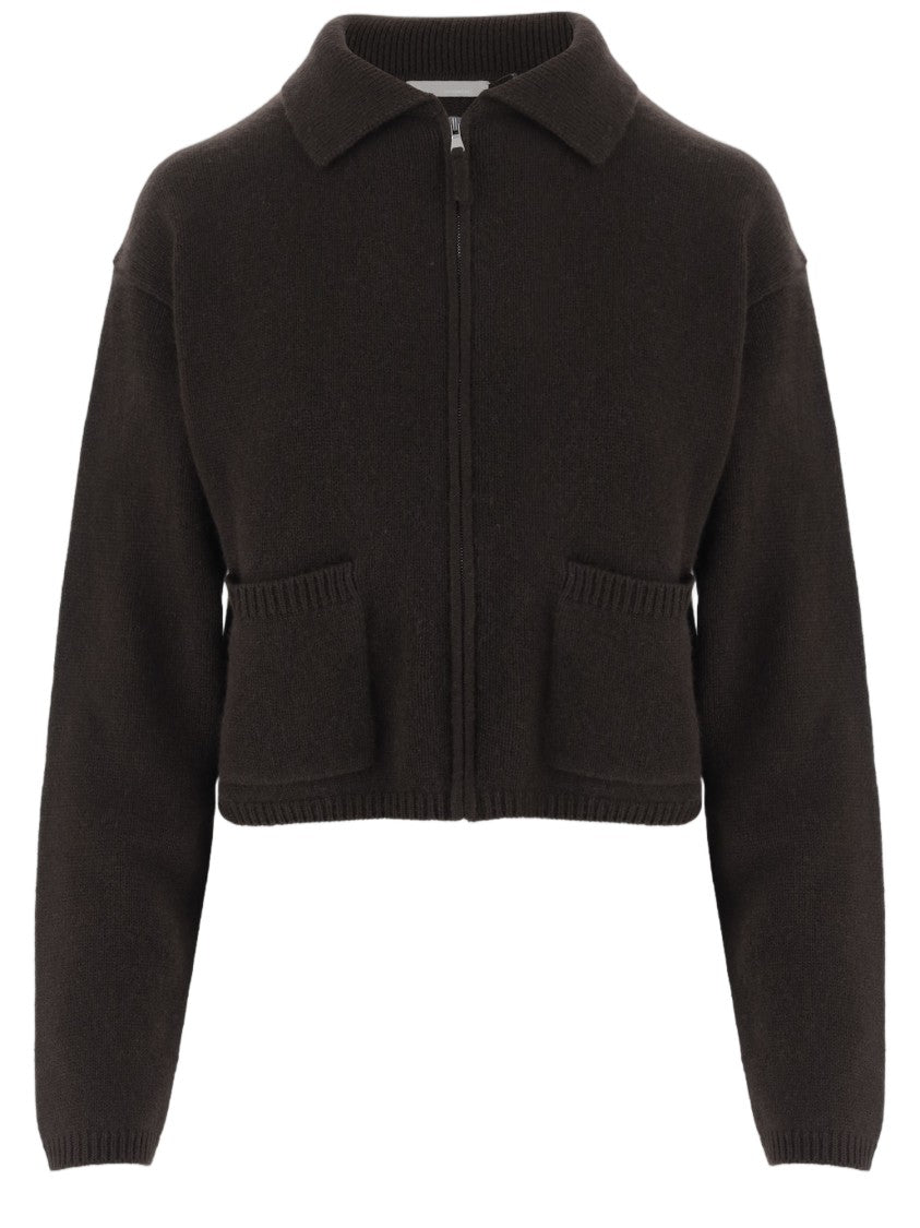 Allude Dark Brown Cropped Front Zip Cashmere Sweater