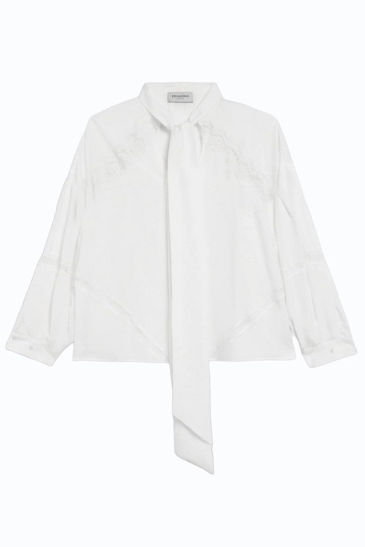 Ermanno White Neck Tie Lace Insert Acetate-Blend Blouse