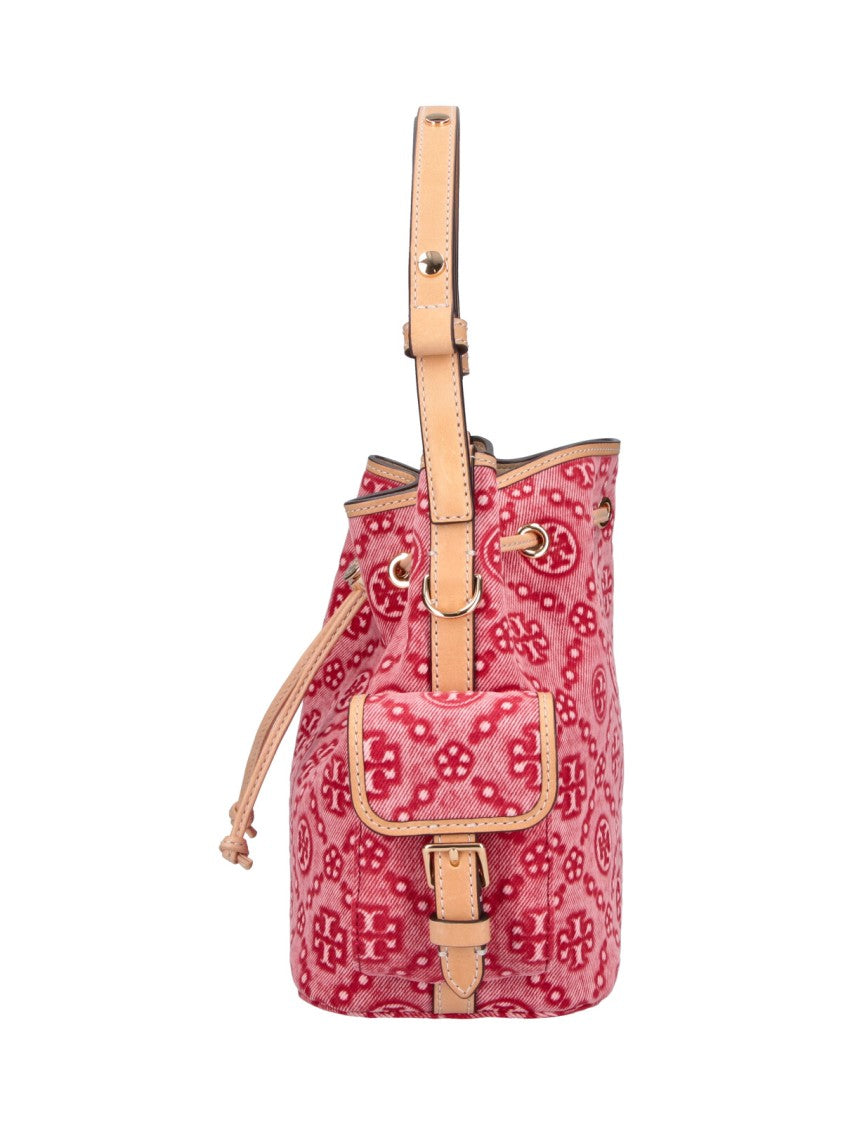 Tory Burch Red T Monogram Denim Bucket Bag