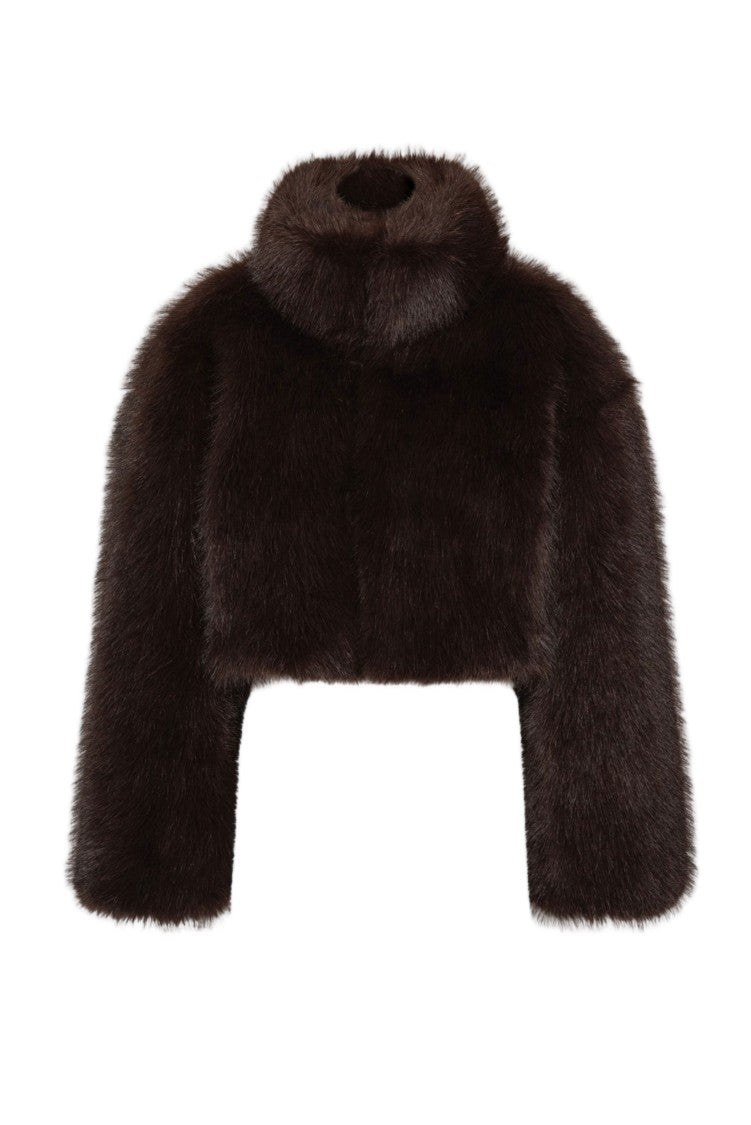 Rotate Dark Brown Cropped Faux Fur Jacket