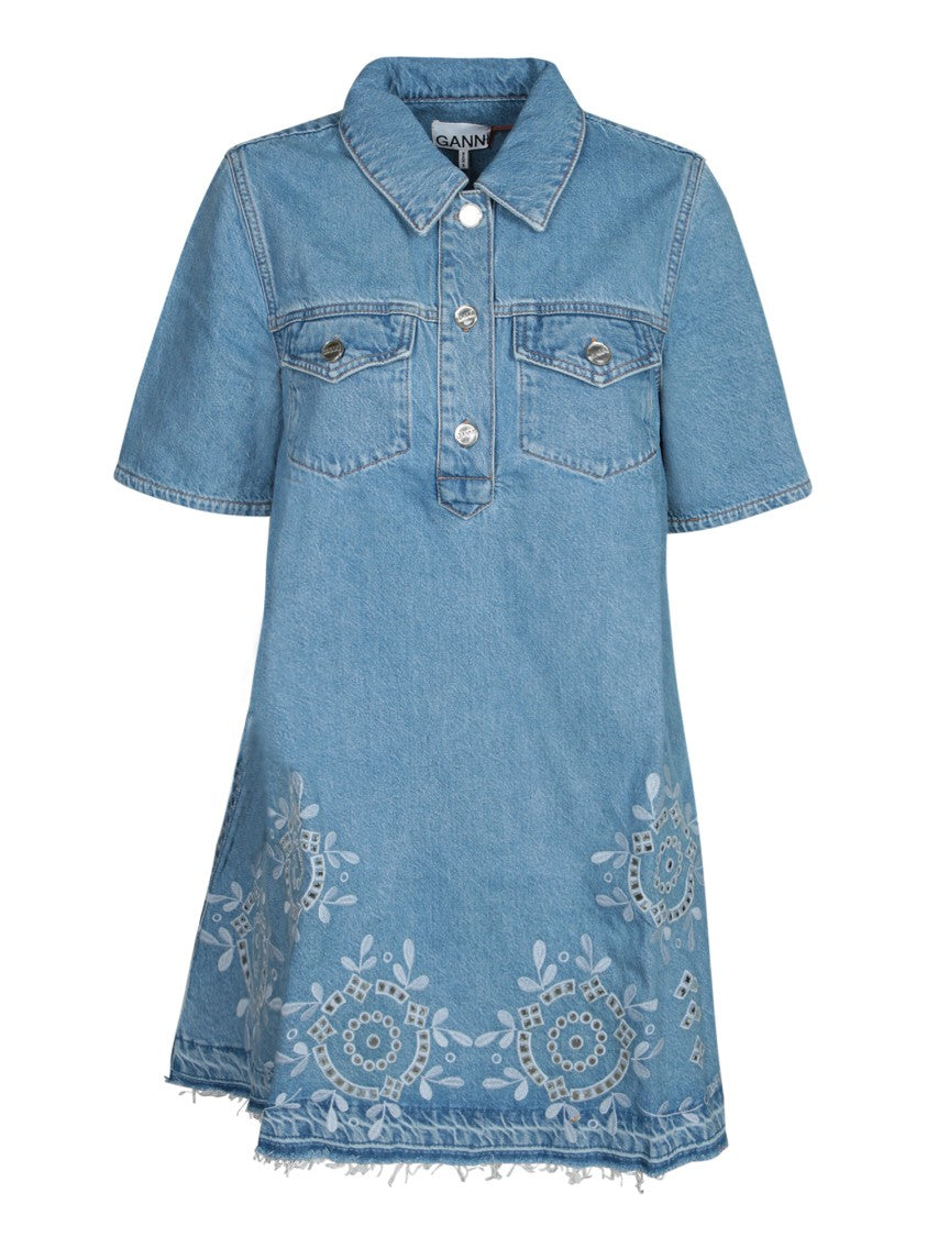 Ganni Denim Mini Dress With Embroidery