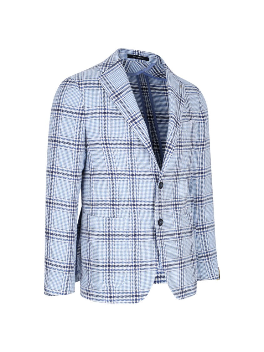 Tagliatore Light Blue Checkered Cotton-Linen Blazer