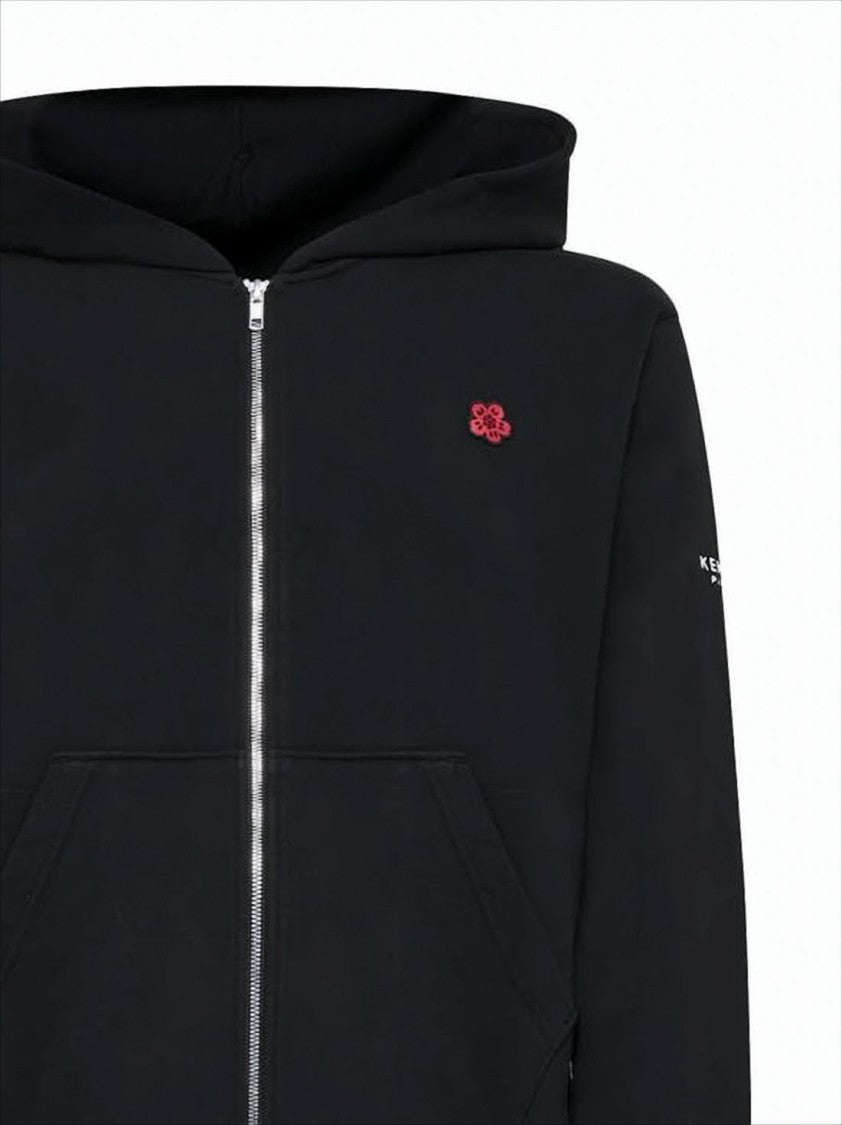 Kenzo Zip-Up Black Hoodie With Embroidered Logo And Kangaroo Pocket