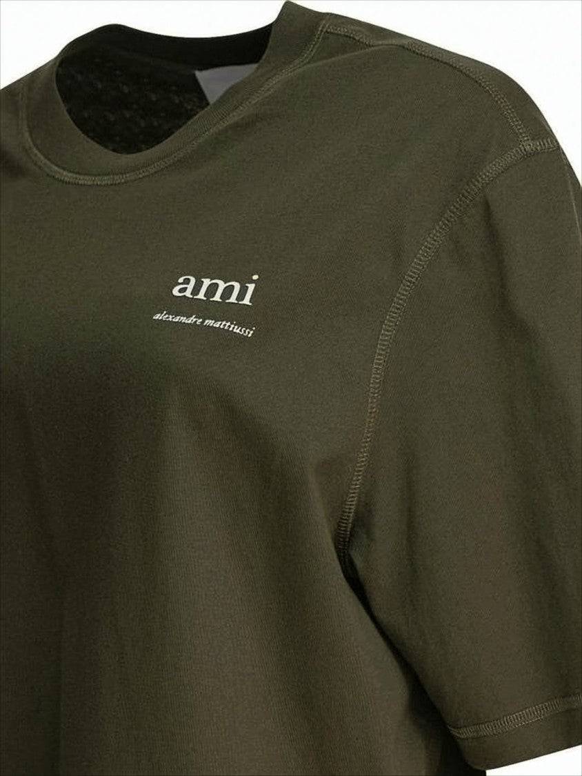 Ami Boxy-Fit Green Cotton T-Shirt With Logo Detail