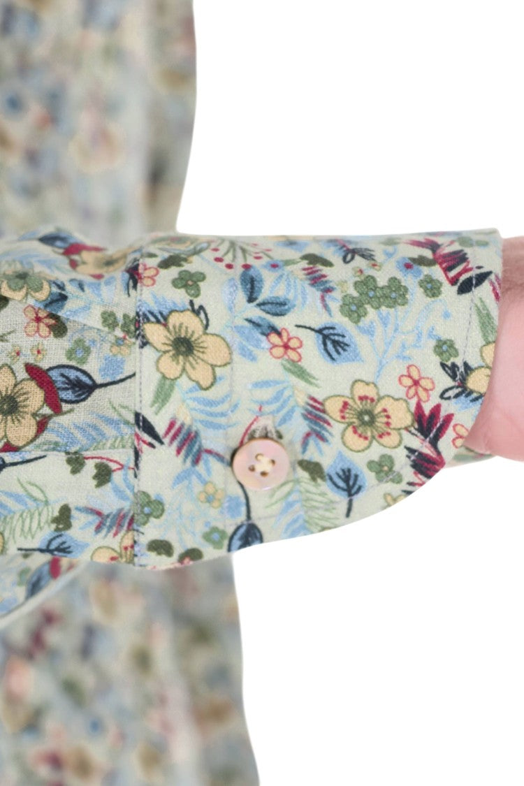 Borriello Green Flower Pattern Linen Casual Shirt