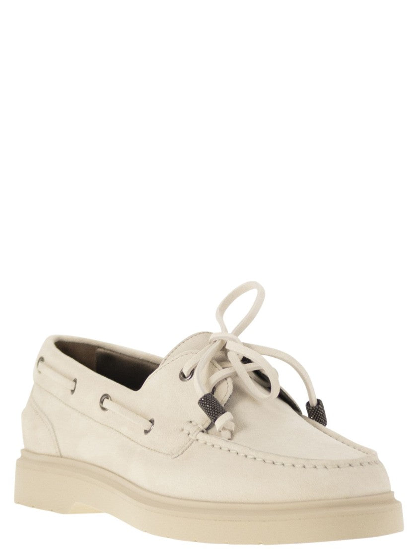 Brunello Cucinelli Penny Loafer Sail In Camoscio Con Shiny Aglets