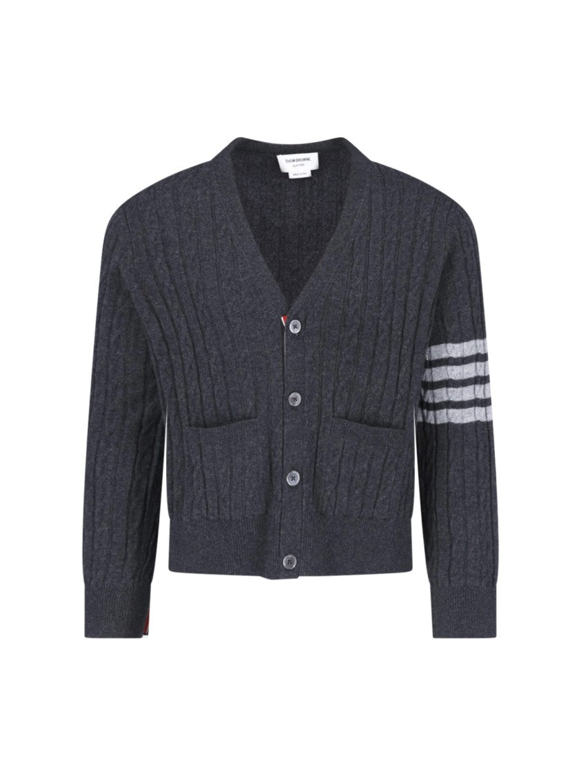Thom Browne Grey 4-Bar Cable-Knit Cashmere V-Neck Cardigan