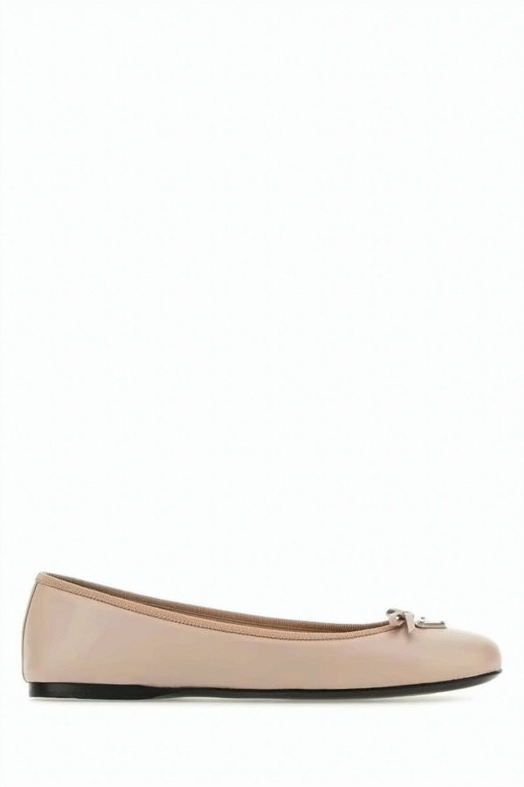 Prada Beige Leather Flats With Decorative Bow