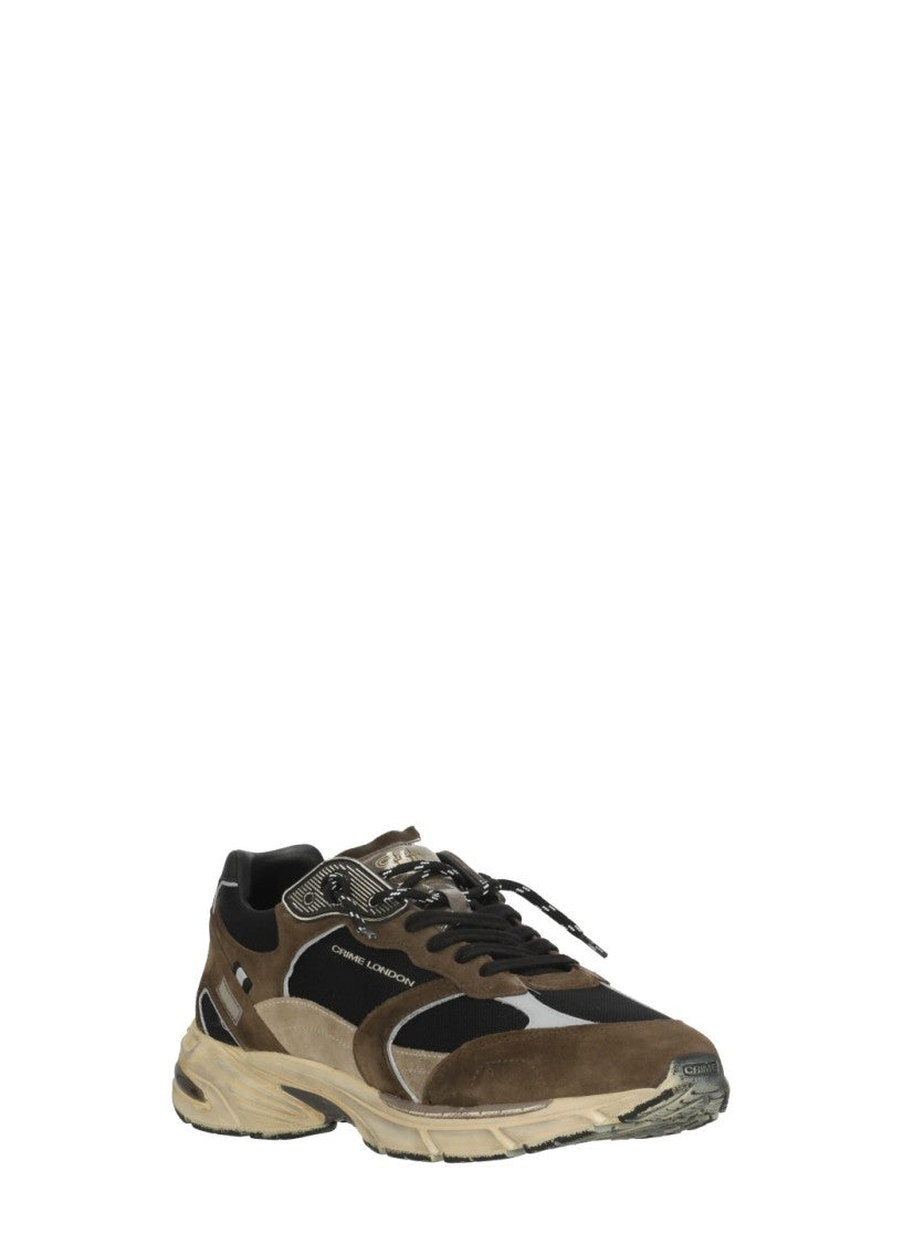 Crime London Brown Fugitive 9094 Leather Mesh Used-Effect Sneakers