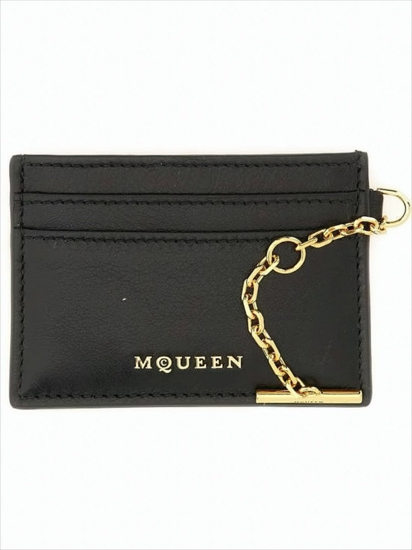 Alexander Mcqueen Rectangular Black Leather Card Wallet With Gold-Tone Chain