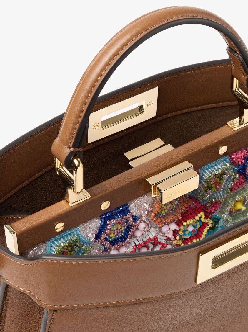 Fendi Structured Calf Leather Handbag With Beaded Flap And Gold-Tone Hardware