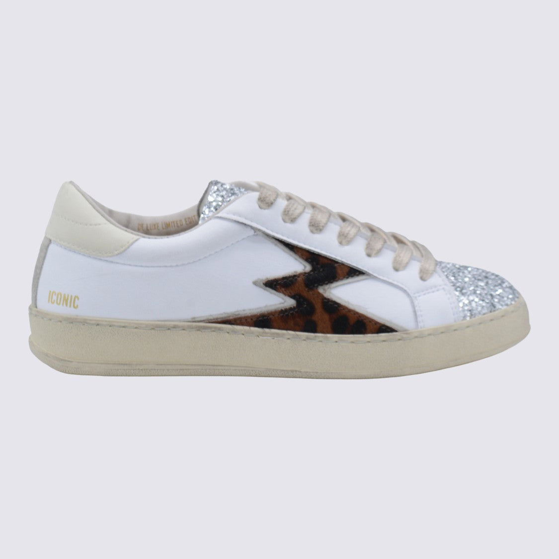 Moaconcept White And Leopard Sneakers From Moaconcept Featuring Round Toe, Laces Fastening, Side Leopard Detail, Logo Print And Rubber Sole.