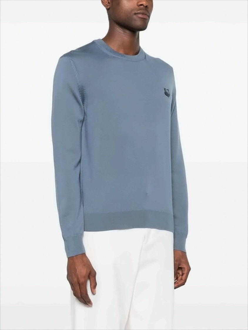 Maison Kitsuné Muted Blue Fine Wool Sweater With Embroidered Fox Emblem