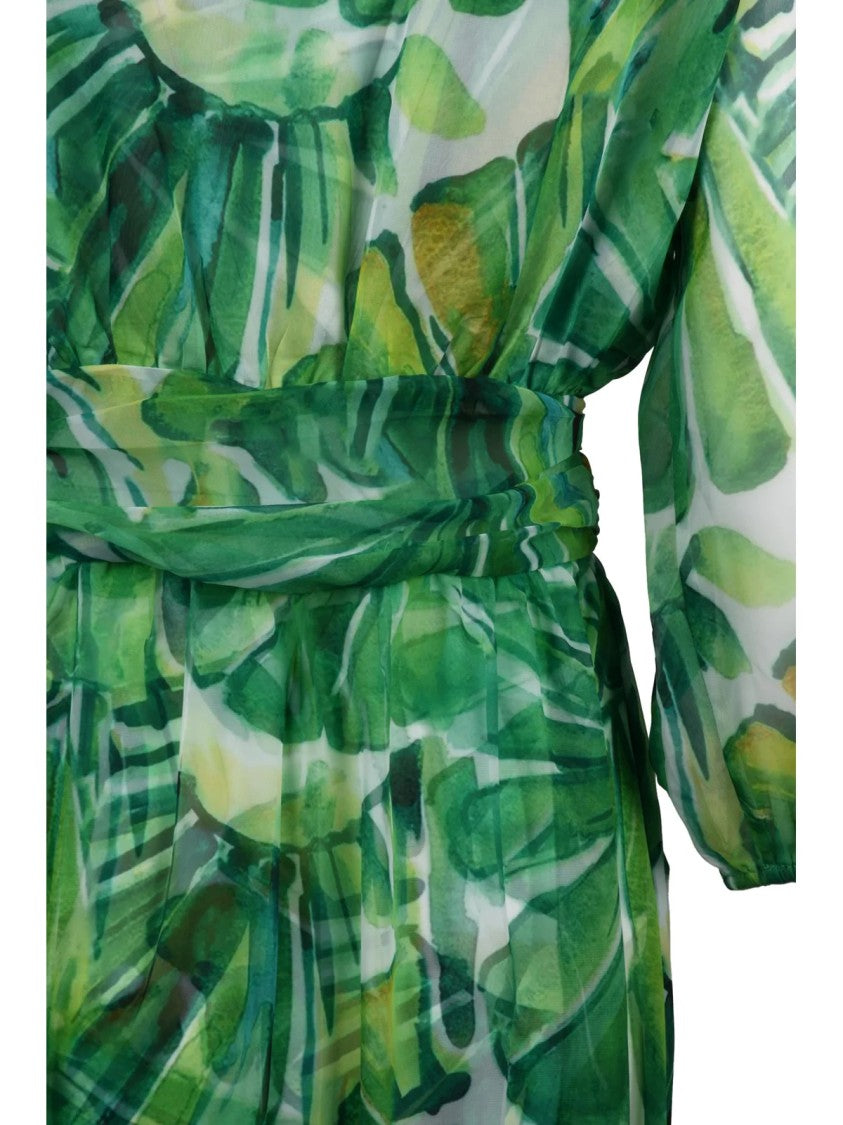 Chiara Boni Green/White Toki Leaf Pattern Chiffon Dress