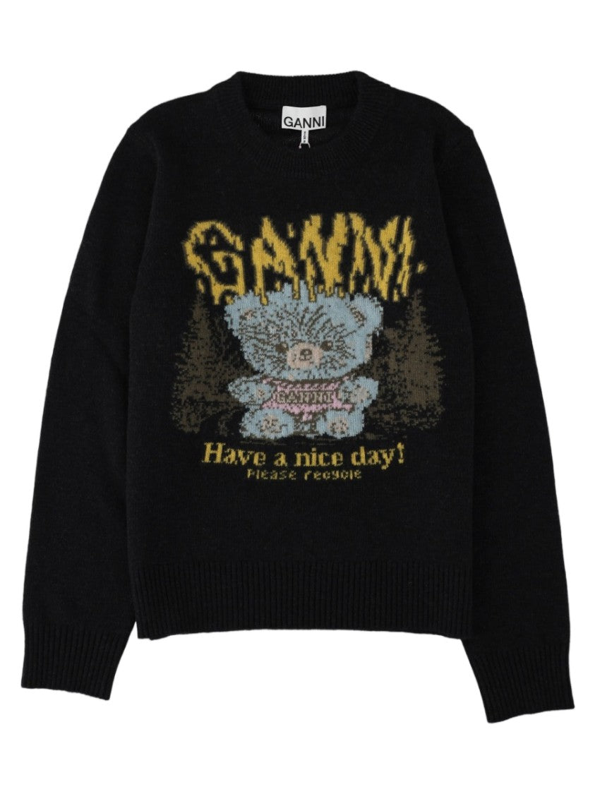 Ganni Black Graphic Wool-Blend Knit Sweatshirt