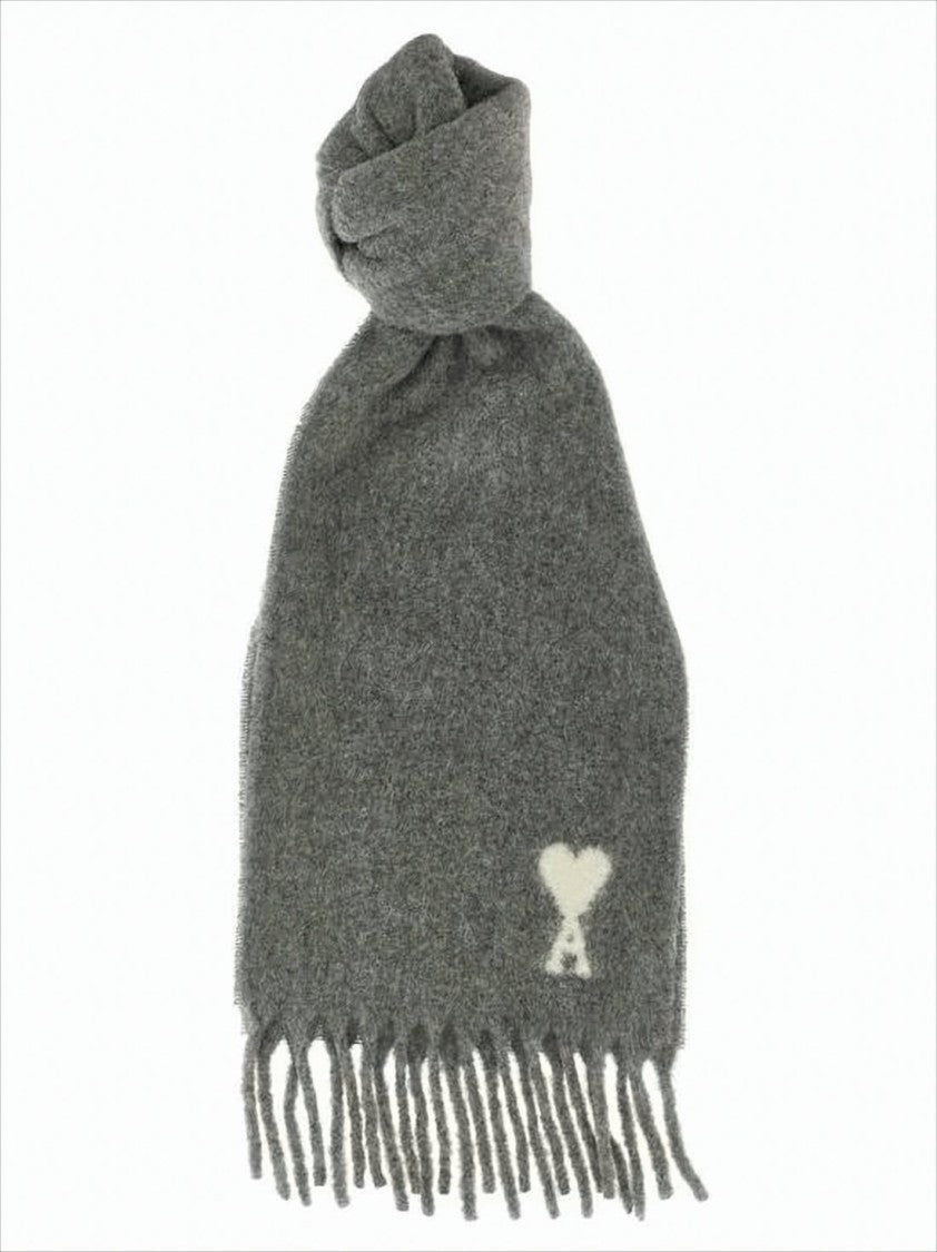 Ami Medium-Grey Alpaca Blend Scarf With Heart Logo