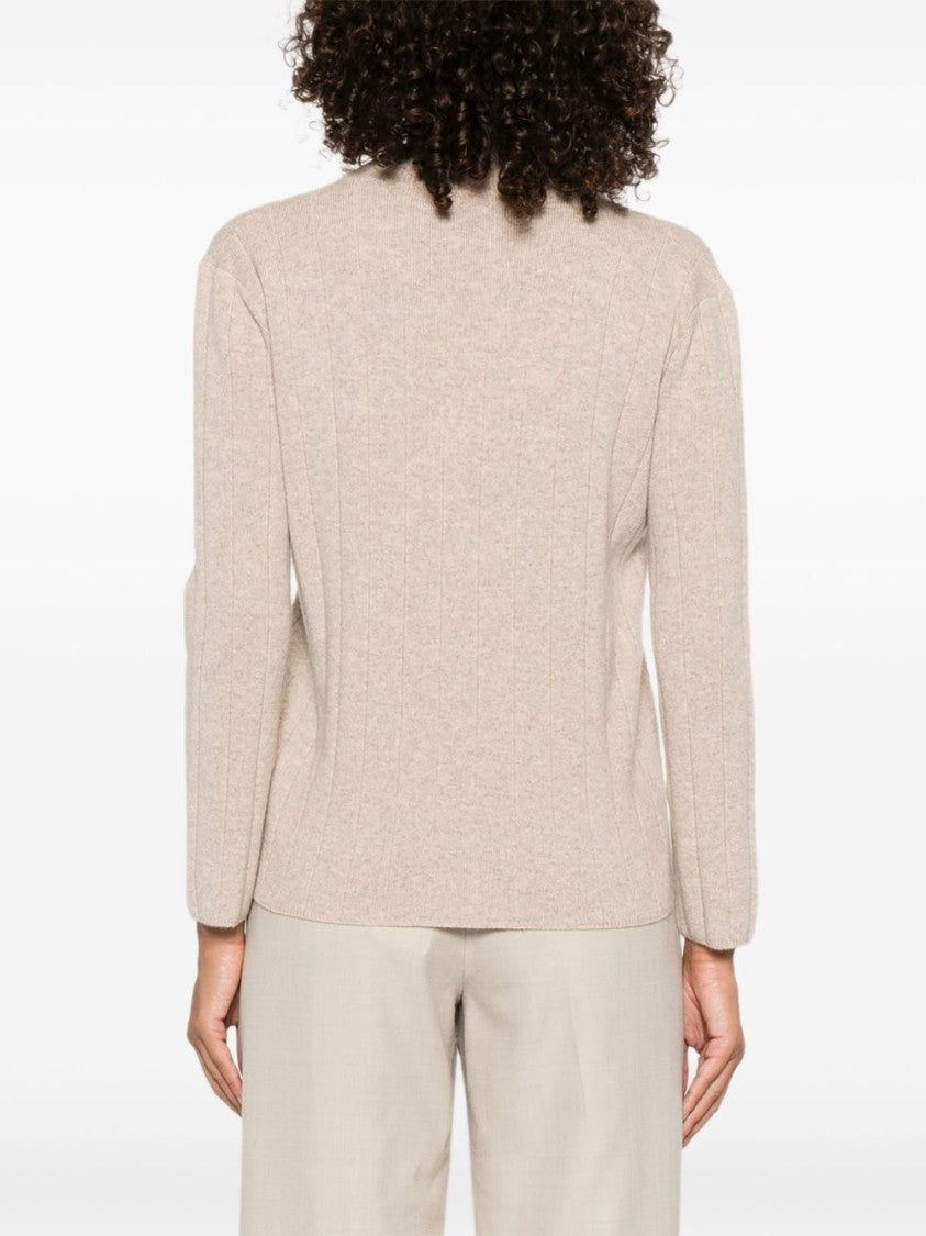 Max Mara Ribbed Beige Sweater With V-Neck And Long Sleeves