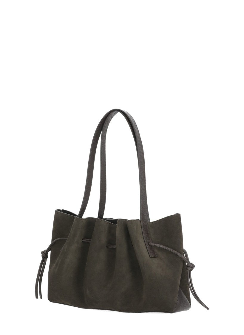 Yuzefi Draped Brown Suede Shoulder Bag With Scalloped Structure
