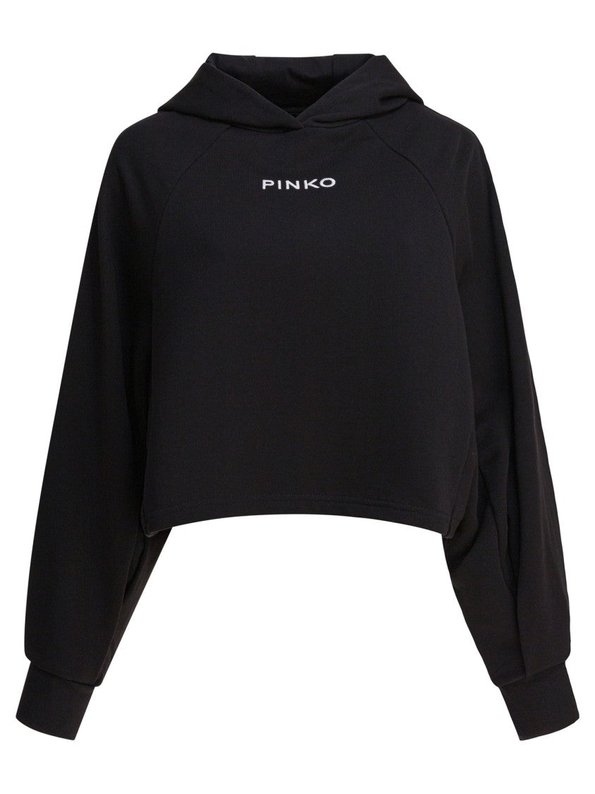 Pinko Cropped Black Knit Hoodie With Raglan Sleeves