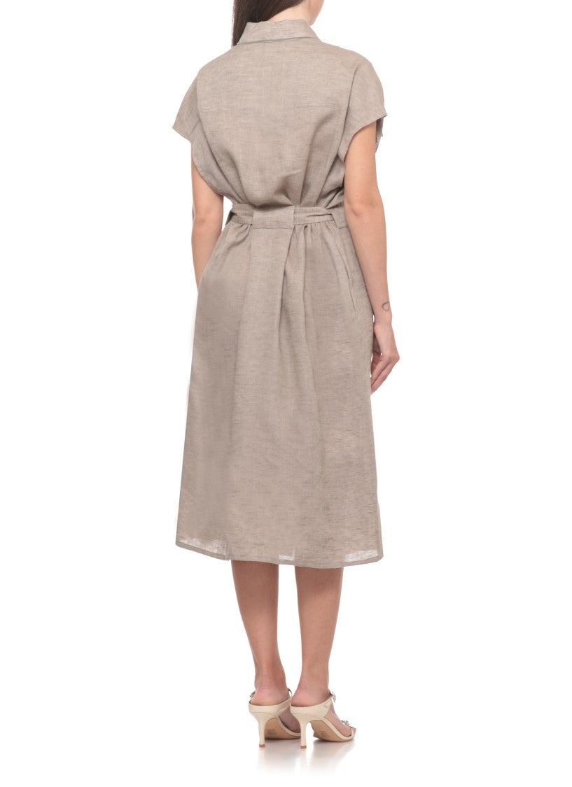 Fabiana Filippi Brown Linen Midi Dress With Classic Collar And Belted Waist