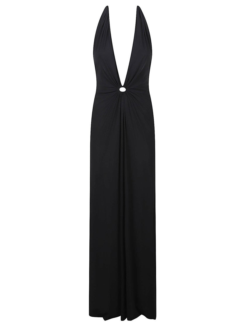 Amazuin Long Deep Black Dress With Plunging Neckline