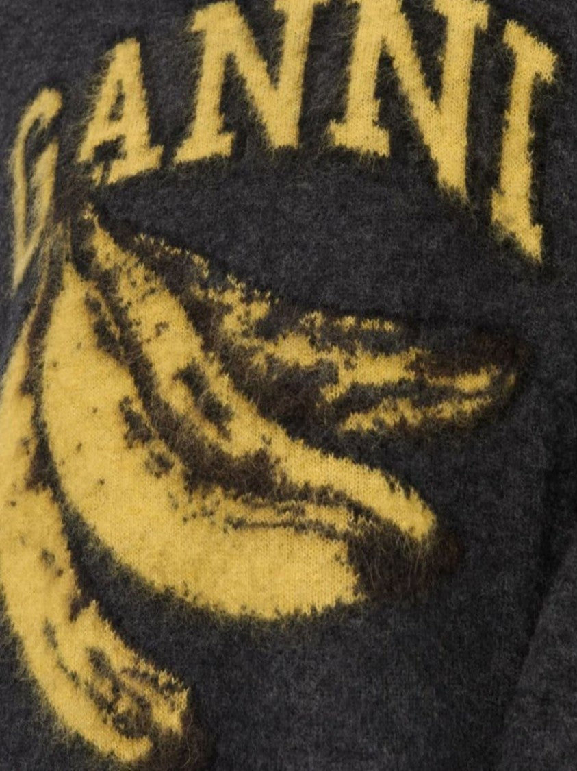 Ganni Cropped Grey Wool Sweater With Embroidered Logo