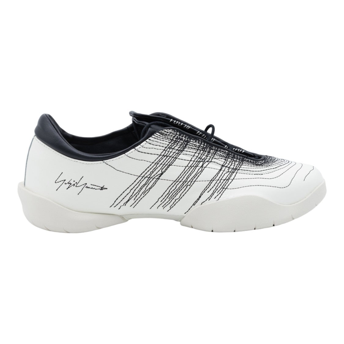 Y-3 Minimalist White Sneakers With Intricate Black Patterns