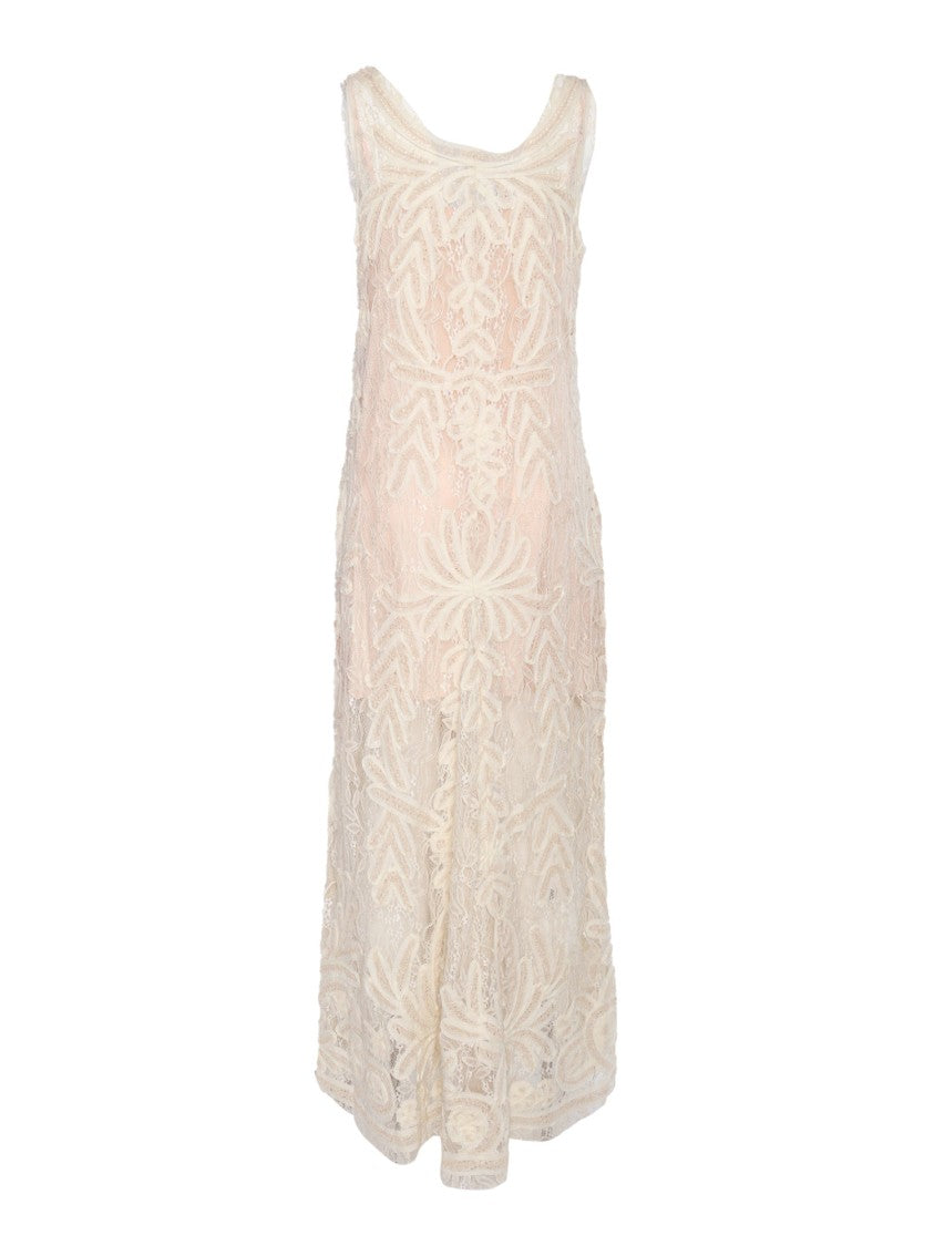 P.A.R.O.S.H. Intricate Floral Lace Maxi Dress With Deep V-Neckline