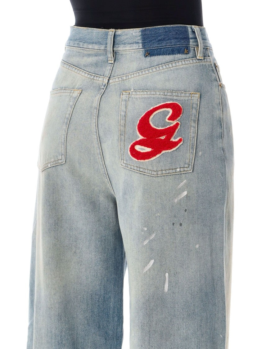 Golden Goose Wide Silhouette Boyfriend Jeans With Distressed Details And Graphic Applique