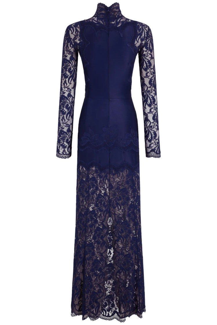 Rabanne Navy Blue High Neck Lace Scalloped Hem Polyamide Long Evening Dress