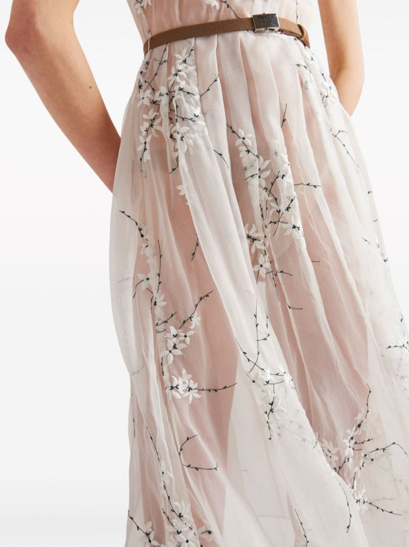 Prada Floral-Embroidered Silk Midi Dress