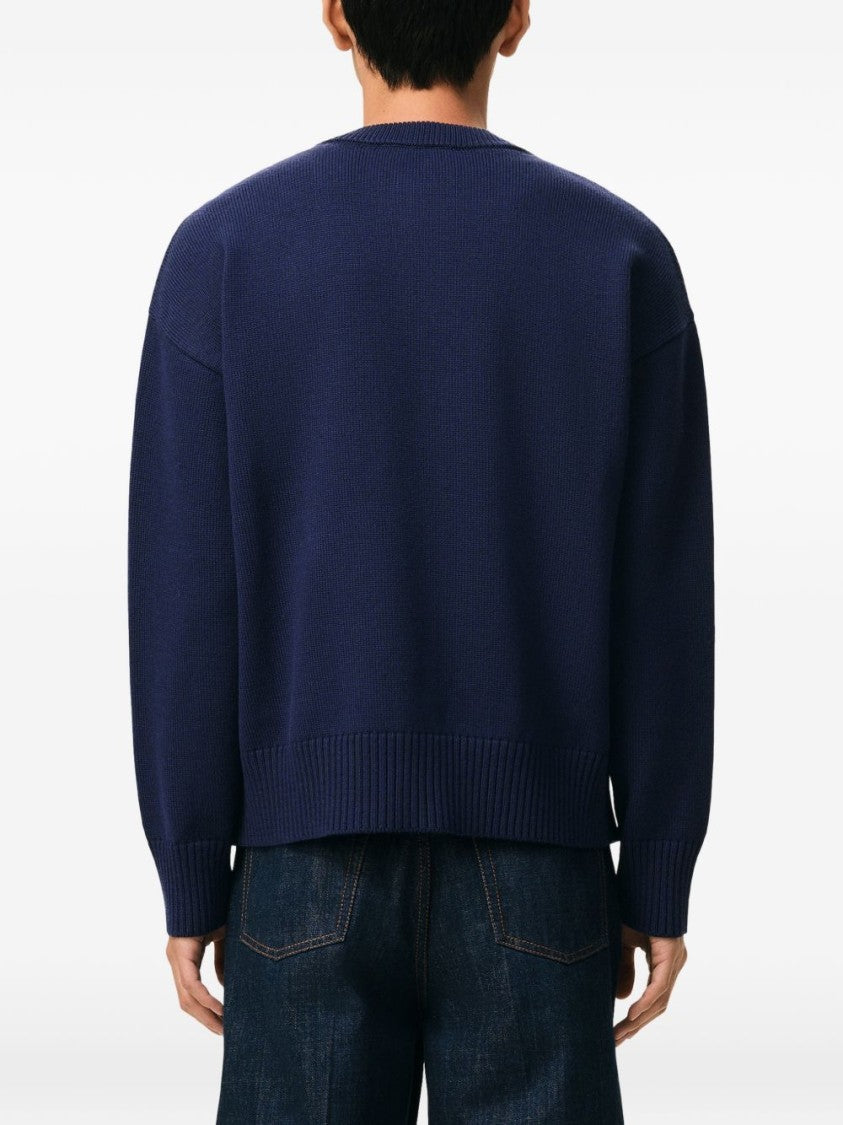 Ami Paris Blue Ribbed Button Front Patch Cardigan
