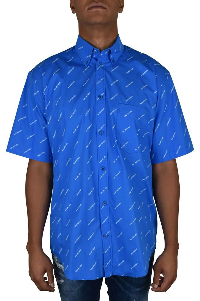Balenciaga Blue Cotton Monogrammed Shirt With Classic Collar