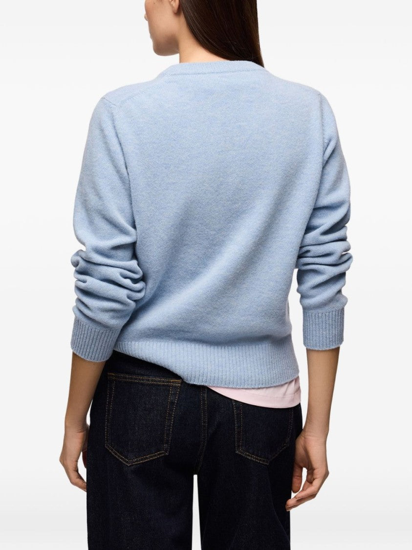 Ganni Light Blue Knit Sweater With Floral Graphic